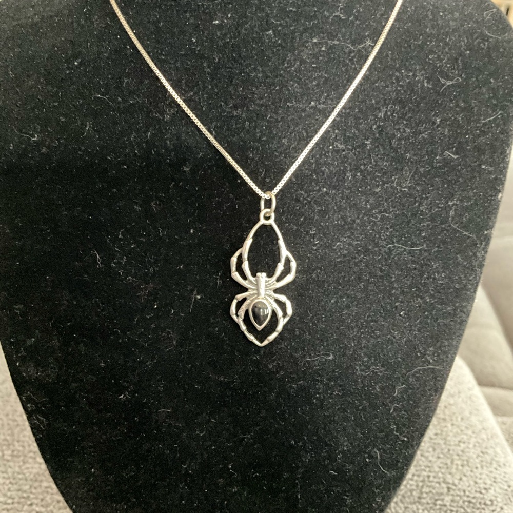 925 sterling silver and genuine black opal Spider Pendant Necklace